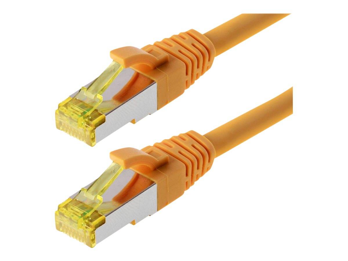 Zwei orangefarbene Ethernet-Kabel mit RJ45-Steckverbindern auf weißem Hintergrund.