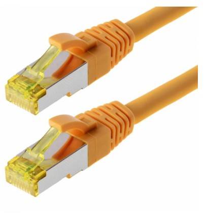 Zwei orange Ethernet-Kabel mit RJ45-Steckern auf weißem Hintergrund.