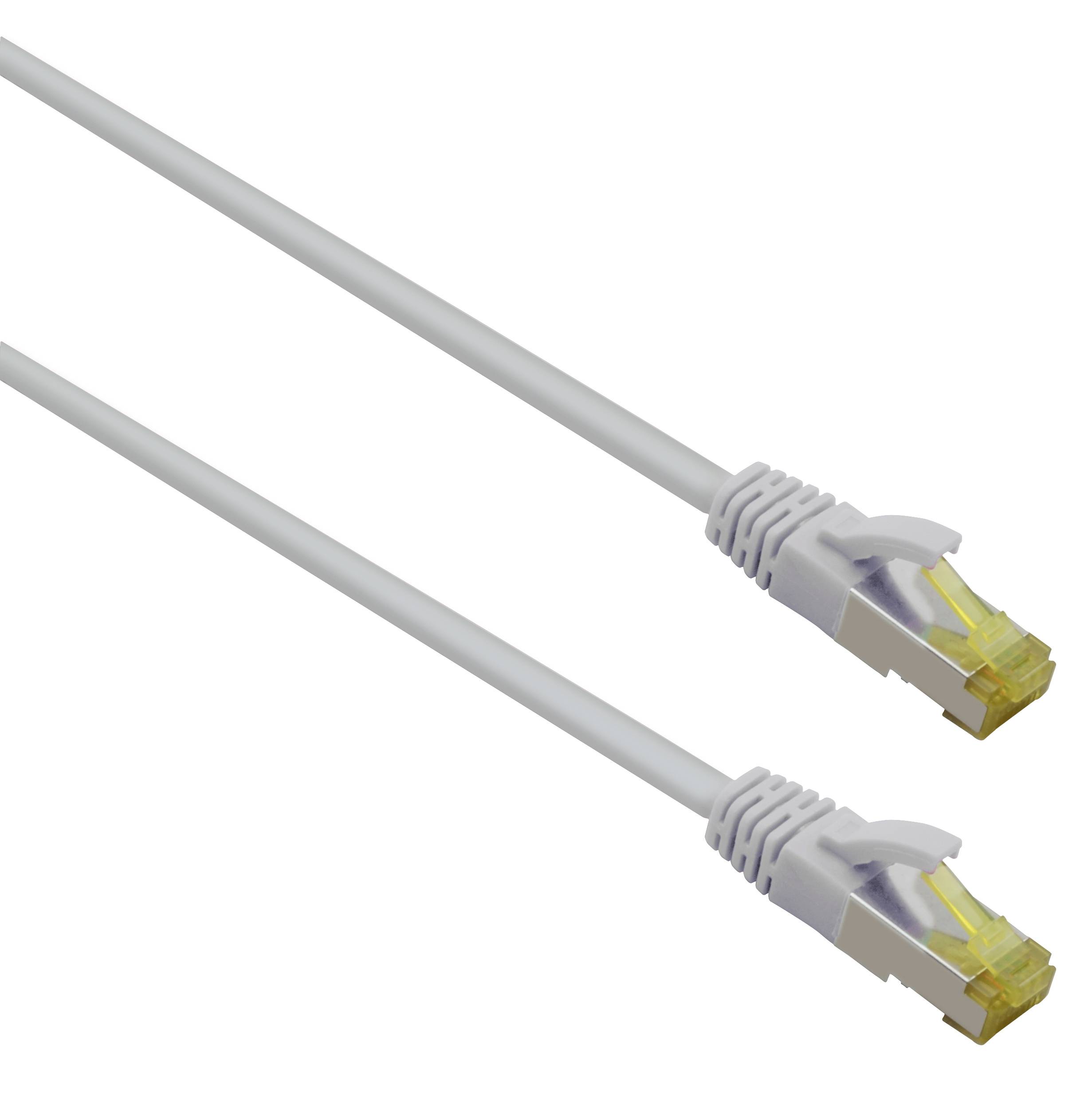 Zwei weiße Ethernet-Kabel mit RJ45-Steckern auf einfachem Hintergrund gezeigt.