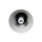 Ein weißes Megafon, das nach vorne gerichtet ist, mit einem blauen Logo im Inneren, das die Schallprojektion oder Ankündigungen symbolisiert.