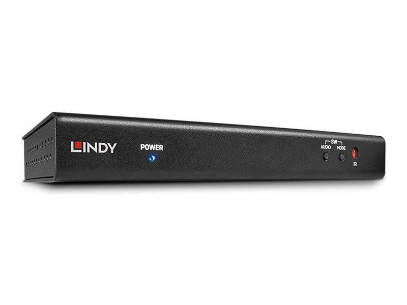 Schwarze LINDY AV-Schalterbox mit Stromkontrollleuchte und Audiosteuerelementen und Modussteuerung an der Frontplatte