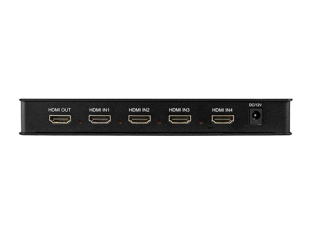 Schwarze HDMI-Umschalterbox mit Frontplatte, einem HDMI-OUT-Anschluss, vier HDMI-IN-Anschlüssen und einem 12V-Gleichstrom-Stromeingang