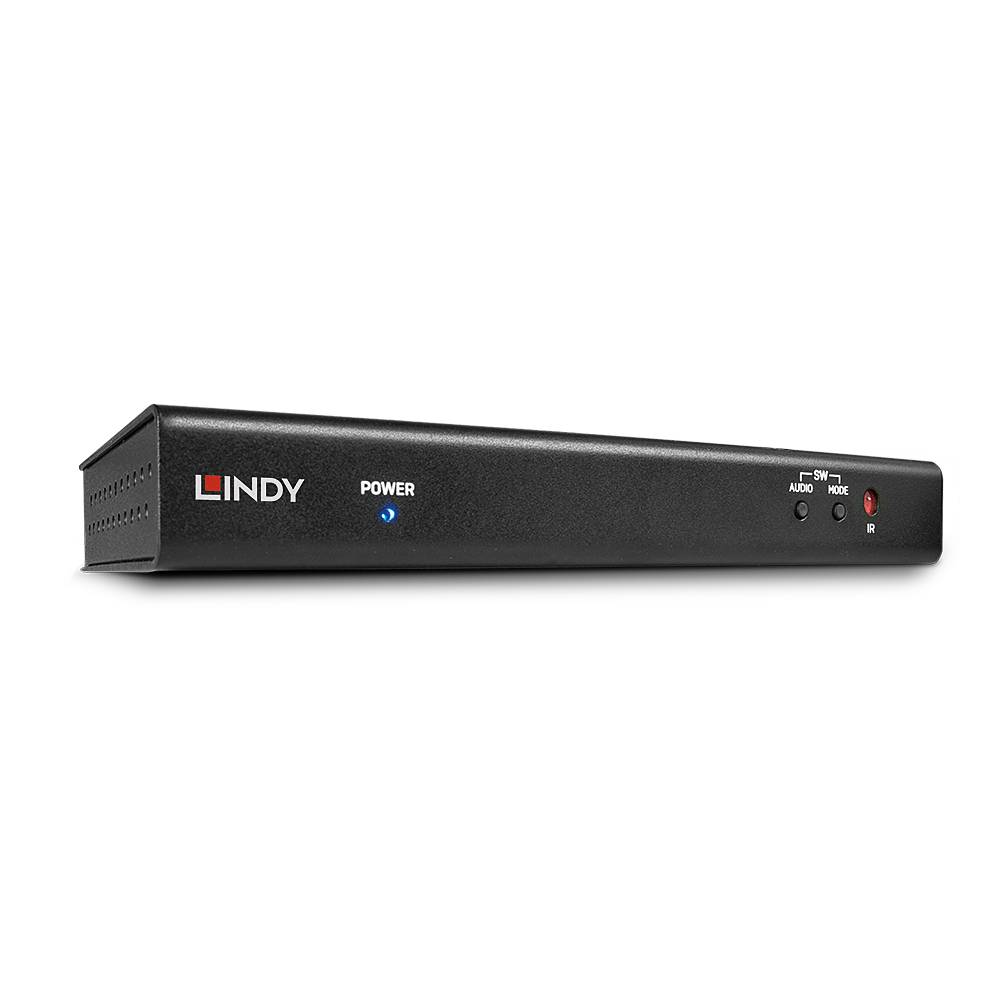 Schwarze Lindy Audio-Geräteblende mit Betriebsanzeige und kleinen Audio-/Modusschaltflächen auf der rechten Seite.