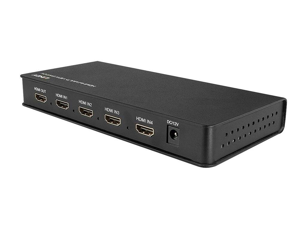 Schwarze HDMI-Umschalterbox mit einem HDMI-Ausgang, vier HDMI-Eingängen und 12V-Strombuchse auf der Frontplatte.