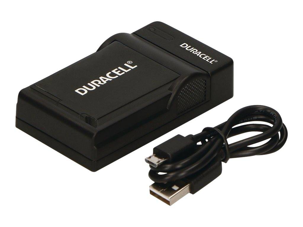Duracell Dual-Batterie-Ladegerät mit angeschlossenem USB-Kabel auf weißem Hintergrund.