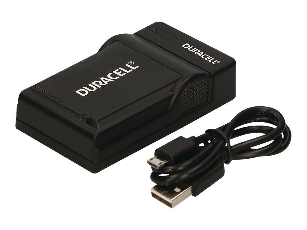 Duracell-Batterieladegerät mit angebrachtem USB-Kabel, auf weißem Hintergrund dargestellt.