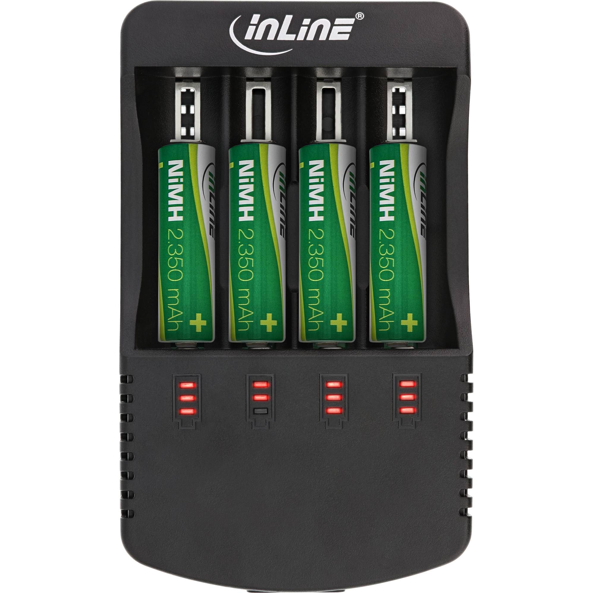 Ein schwarzes Inline-Ladegerät mit vier grünen NiMH-Akkus mit 2350 mAh AA-Größe, mit roten Ladeindikatoren unter jedem Schacht.
