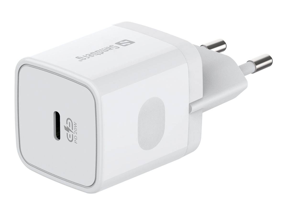 Weißes USB-C-Wandladegerät mit zwei runden europäischen Steckerstiften und USB-C-Anschluss, auf einem einfachen Hintergrund gezeigt.