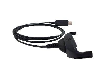 Schwarzes USB-Kabel mit abnehmbarem Ende, aufgerollt auf weißem Hintergrund.
