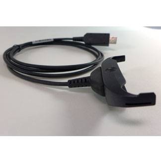 Schwarzes USB-Ladekabel mit einem aufsteckbaren Dock-Steckverbinder, aufgerollt auf einer weißen Oberfläche.