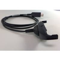 Schwarzes USB-Kabel mit einer Clip-Handyhalterung an einem Ende, gezeigt auf einem einfachen weißen Hintergrund.