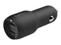 Schwarzer Belkin-Autoladeadapter mit zwei USB-Anschlüssen und Zigarettenanzünder-Stecker.