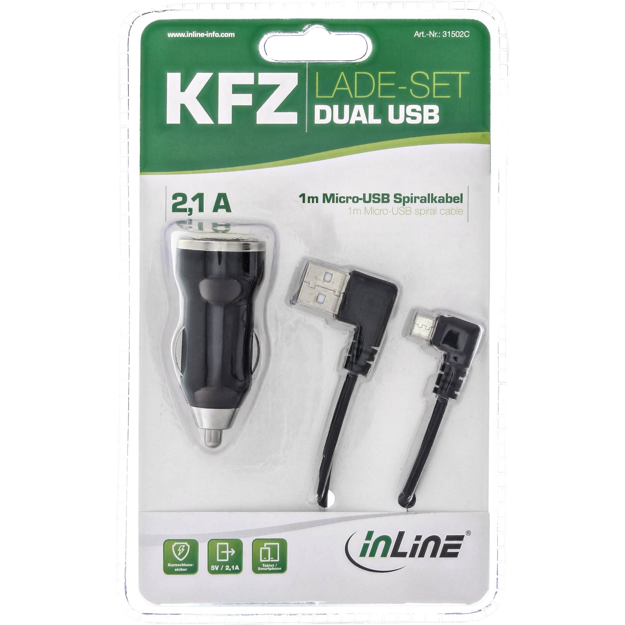 INLINE - USB DUAL+ KFZ-Ladeset - Stromadapter 1m Kabel - 12/24VDC zu 5V DC/2.1A
