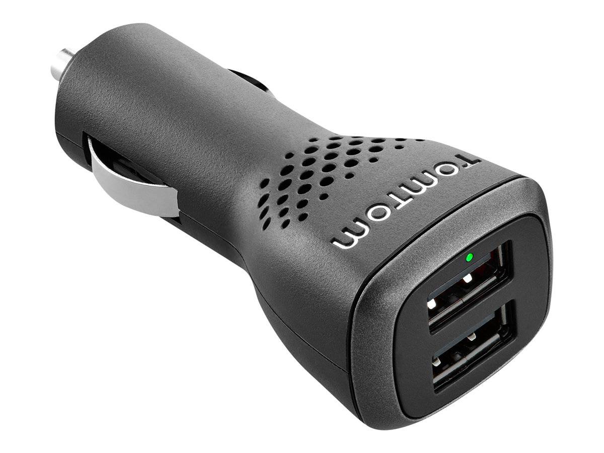 Schwarzes Dual-USB-Autoladeadapter mit zwei USB-Anschlüssen und grüner Kontrollleuchte, entwickelt zum Laden von Geräten über die Stromversorgung des Fahrzeugs.