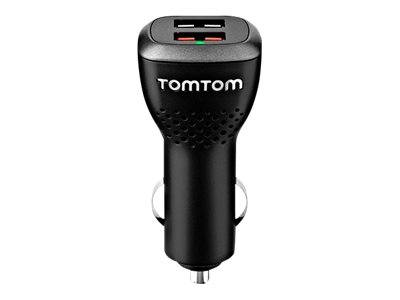 TomTom Autoladeadapter mit zwei USB-Anschlüssen und einem Stecker für eine Fahrzeugsteckdose.