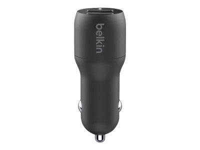 Schwarzer Belkin-Autoladegerät-Adapter mit zwei USB-Anschlüssen, vor weißem Hintergrund dargestellt.