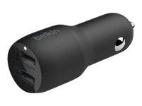 Schwarzer Belkin-Autoladeadapter mit zwei USB-Anschlüssen zum Anschluss an die 12V-Steckdose eines Fahrzeugs.