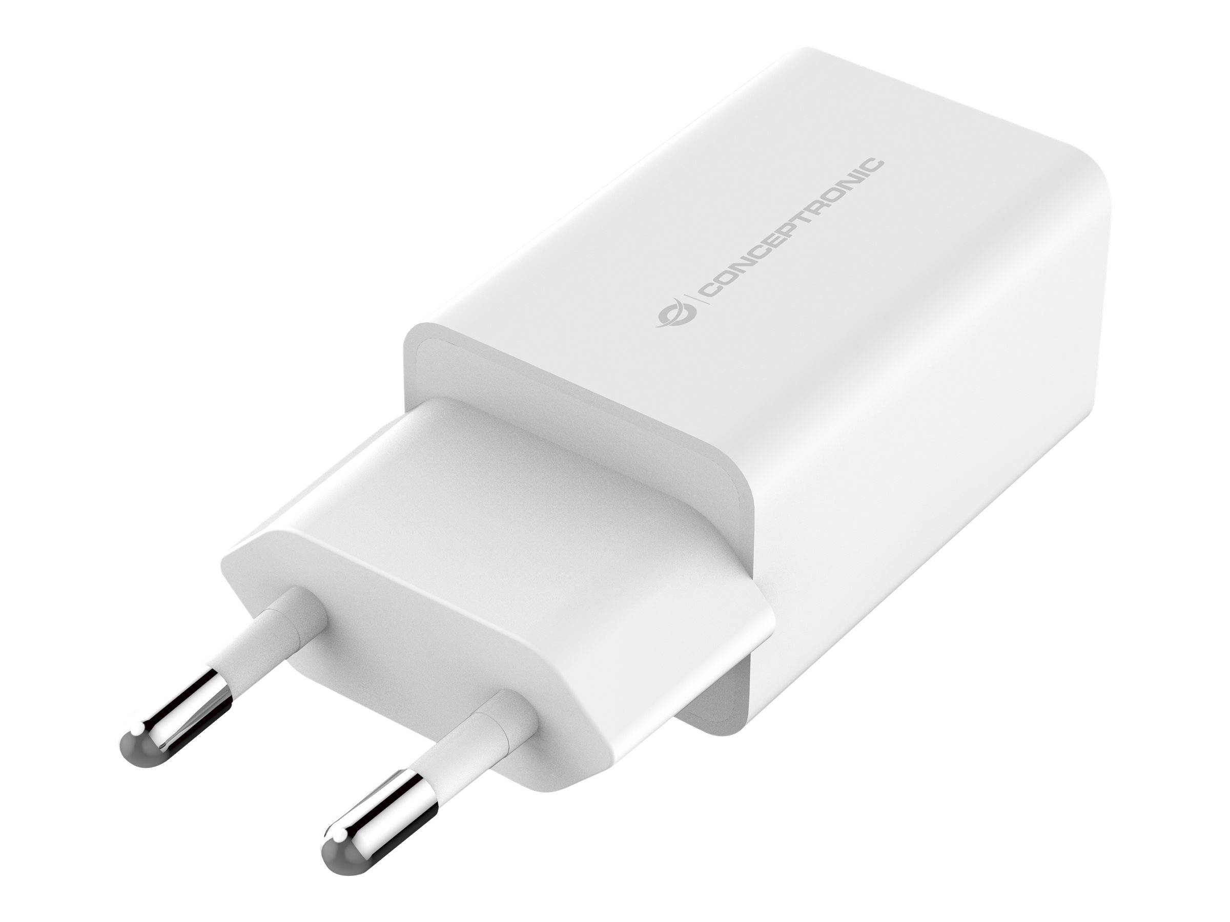 Weißer Zweipol-Netzladegerät-Adapter mit 'CONCERTONIC'-Branding, auf weißem Hintergrund abgebildet.