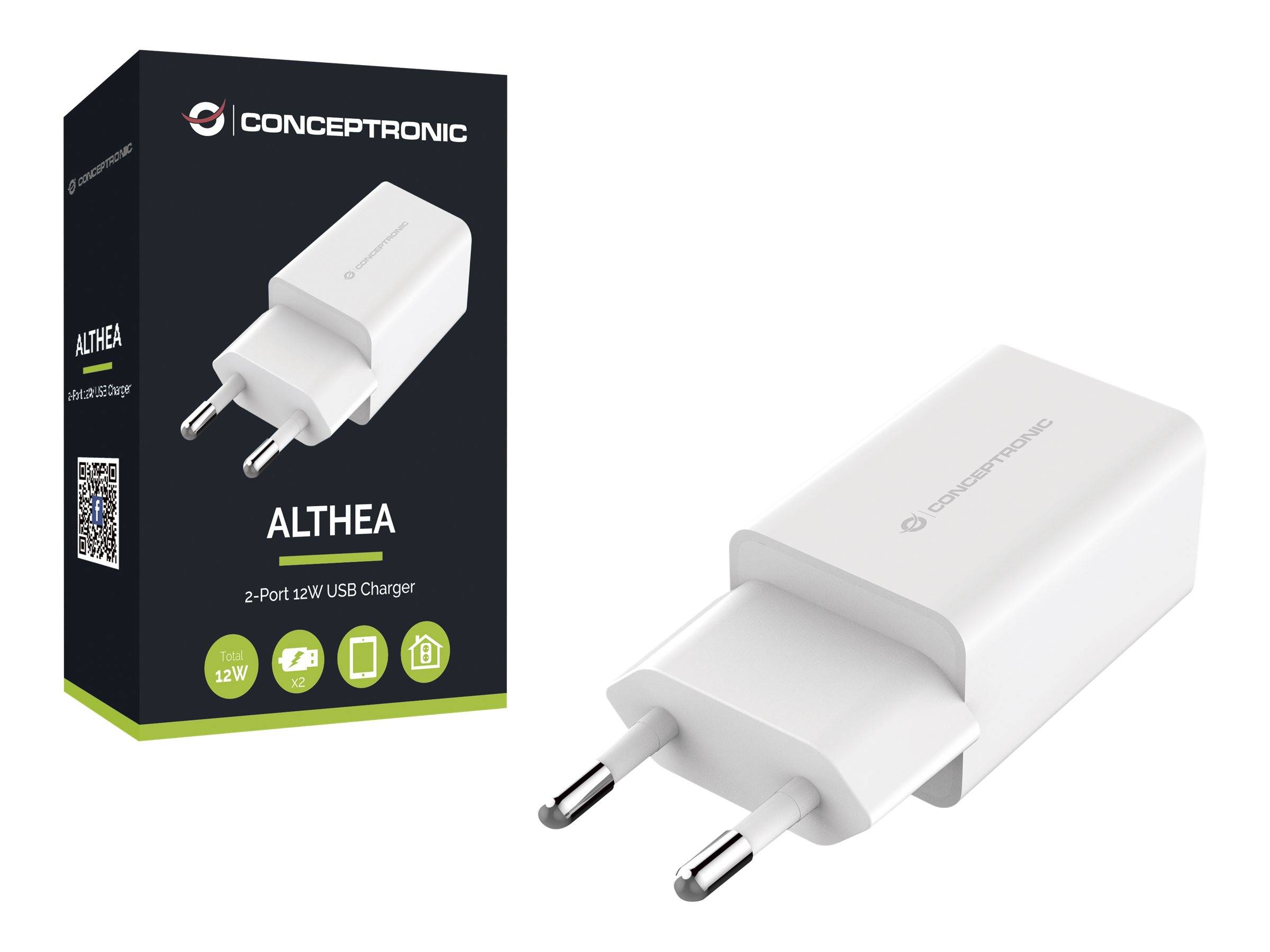 Conceptronic ALTHEA 2-Port-12W-USB-Ladegerät dargestellt mit seiner Verpackung und einem weißen Dual-Anschluss-Netzadapter.