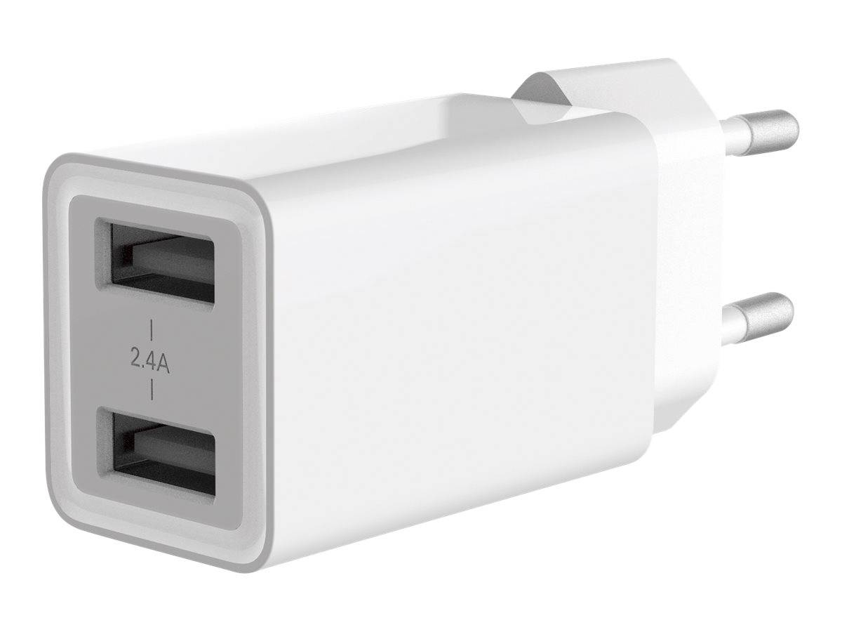 Weißes Dual-USB-Wandladegerät mit zwei Anschlüssen, gekennzeichnet mit 2,4A und einem europäischen Zwei-Pol-Stecker.