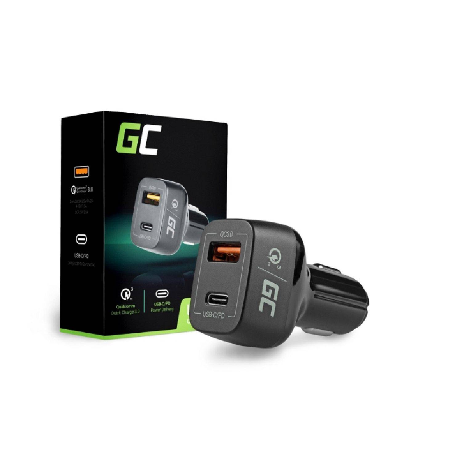 In-Car Charger USB-C Power Delivery + USB Auto-Ladegerät (mit 2 beleuchtete Ladeanschlüsse, USB Typ C + USB Quick Charge 3.0, mit Schnellladefunktio