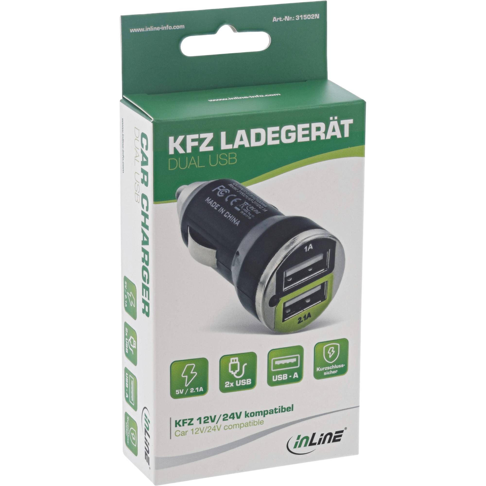 INLINE - USB KFZ Ladegerät Stromadapter - 12/24VDC zu 5V DC/2.1A - Mini