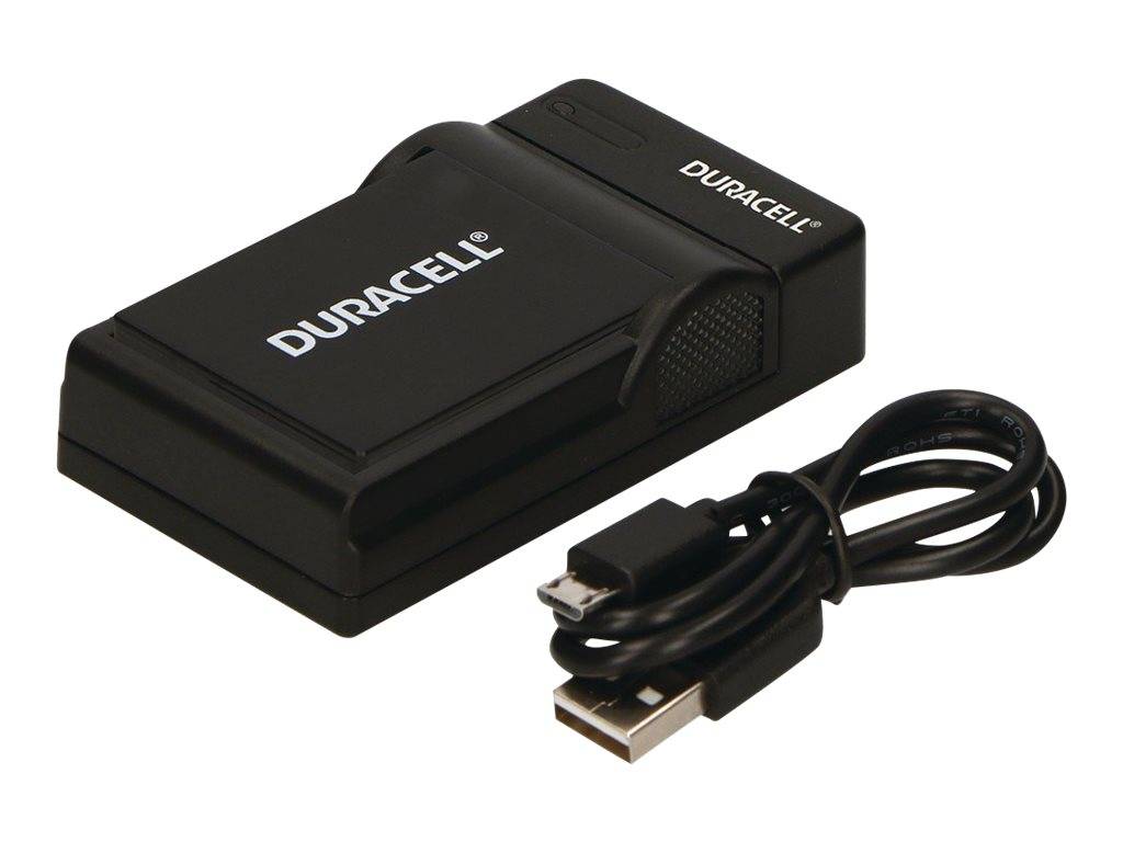 Duracell-Kamerabatterieladegerät mit USB-Kabel, shown on a white background.