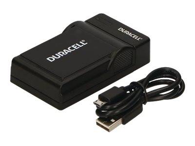 Duracell-Batterieladegerät mit USB-Kabel, auf weißem Hintergrund abgebildet.