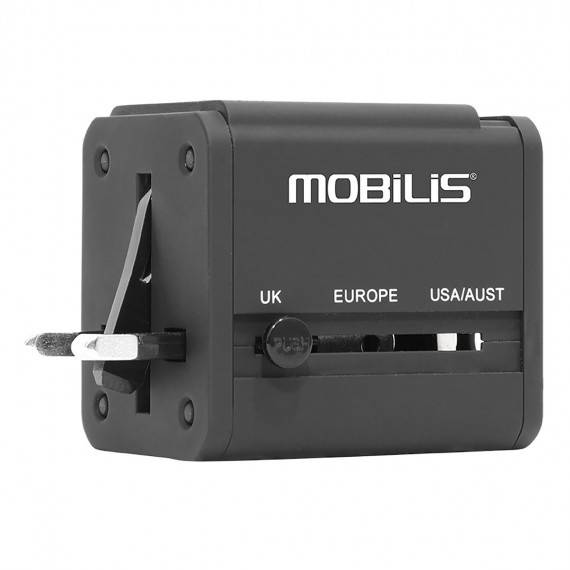 Schwarzer Mobilis Universalstecker-Adapter mit wählbaren Einstellungen für UK, Europa und USA/Australien.