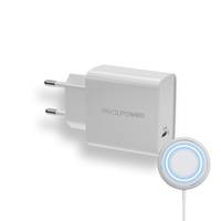 Weiß Wandladegerät mit zwei runden Stiften und einem USB-Anschluss, dargestellt mit einem blauen kreisförmigen Touch-/Schaltflächensymbol-Overlay.