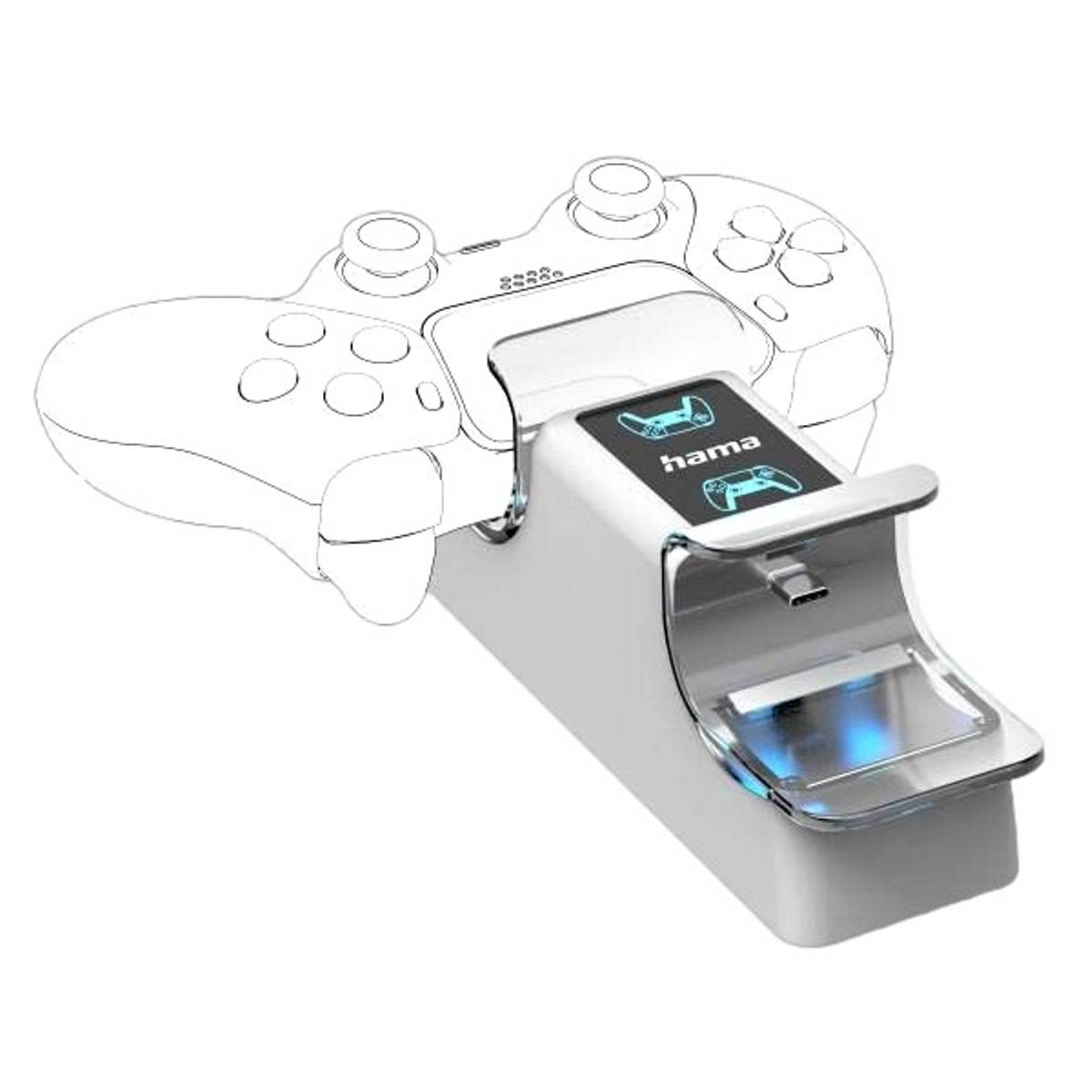 Weißer Spielecontroller auf einer Ladestation mit einer "hama""-Markenbefestigung an der Vorderseite und blauem Anzeigelicht, auf weißem Hintergrund dargestellt.