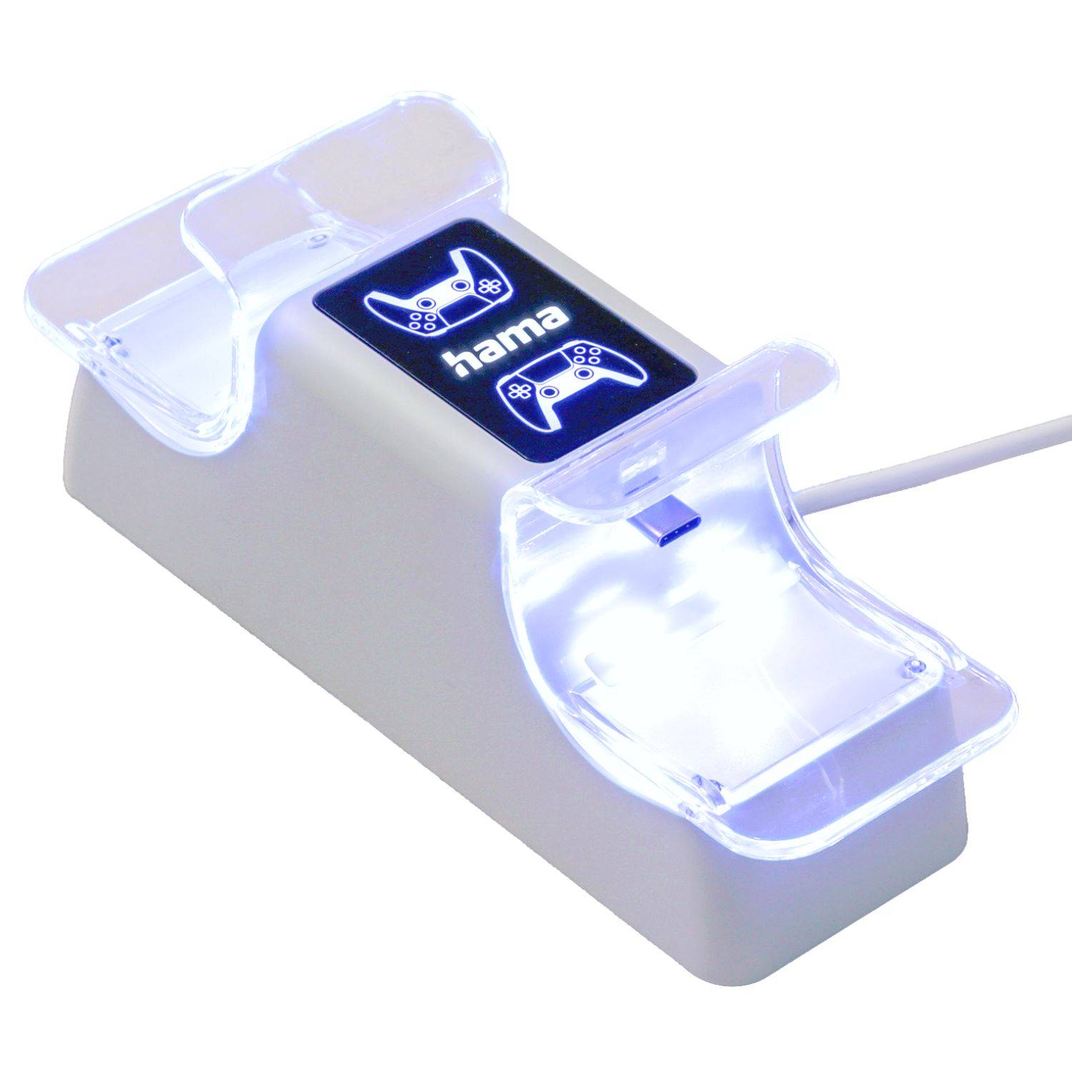 Beleuchtete USB-Controller-Dockingstation mit zwei durchscheinenden Ladeschalen und Hama-Logo auf der Oberseite.