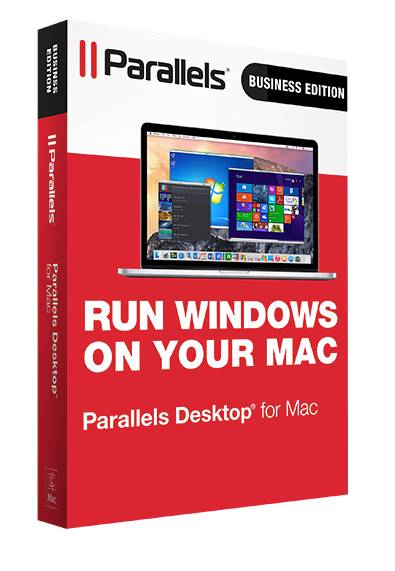 Parallels Desktop Business Edition Box zeigt einen Mac, auf dem Windows läuft, mit dem Text „WINDOWS AUF IHREM MAC AUSFÜHREN