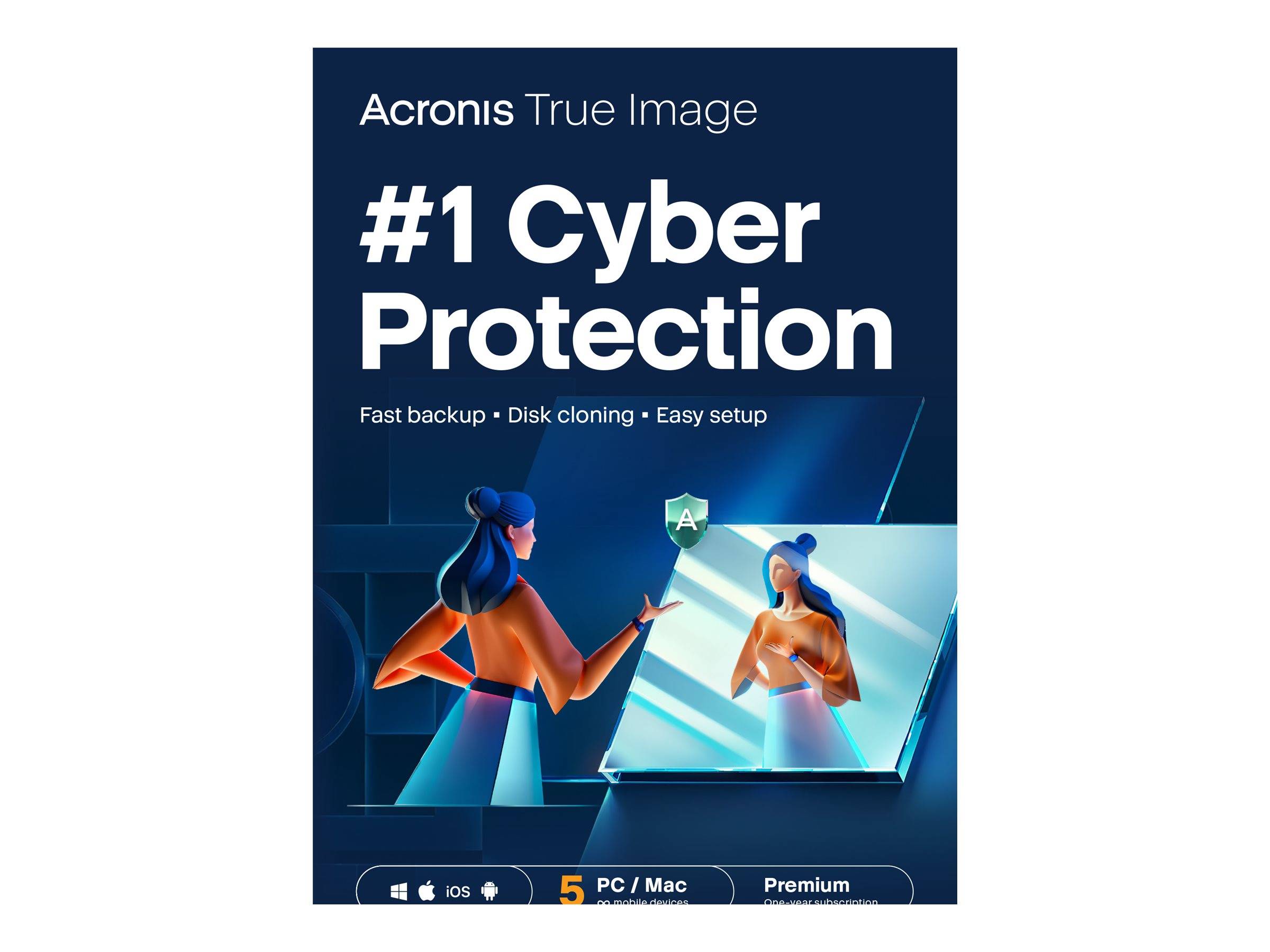 Acronis True Image Anzeige mit dem Text '#1 Cyberschutz' und 'Schnelle Sicherung • Festplattenklon • Einfache Einrichtung', zeigt eine Person, die einem leuchtenden Bildschirm mit einer gespiegelten Figur gegenübersteht und bewirbt Premium-Software für PC/Mac.