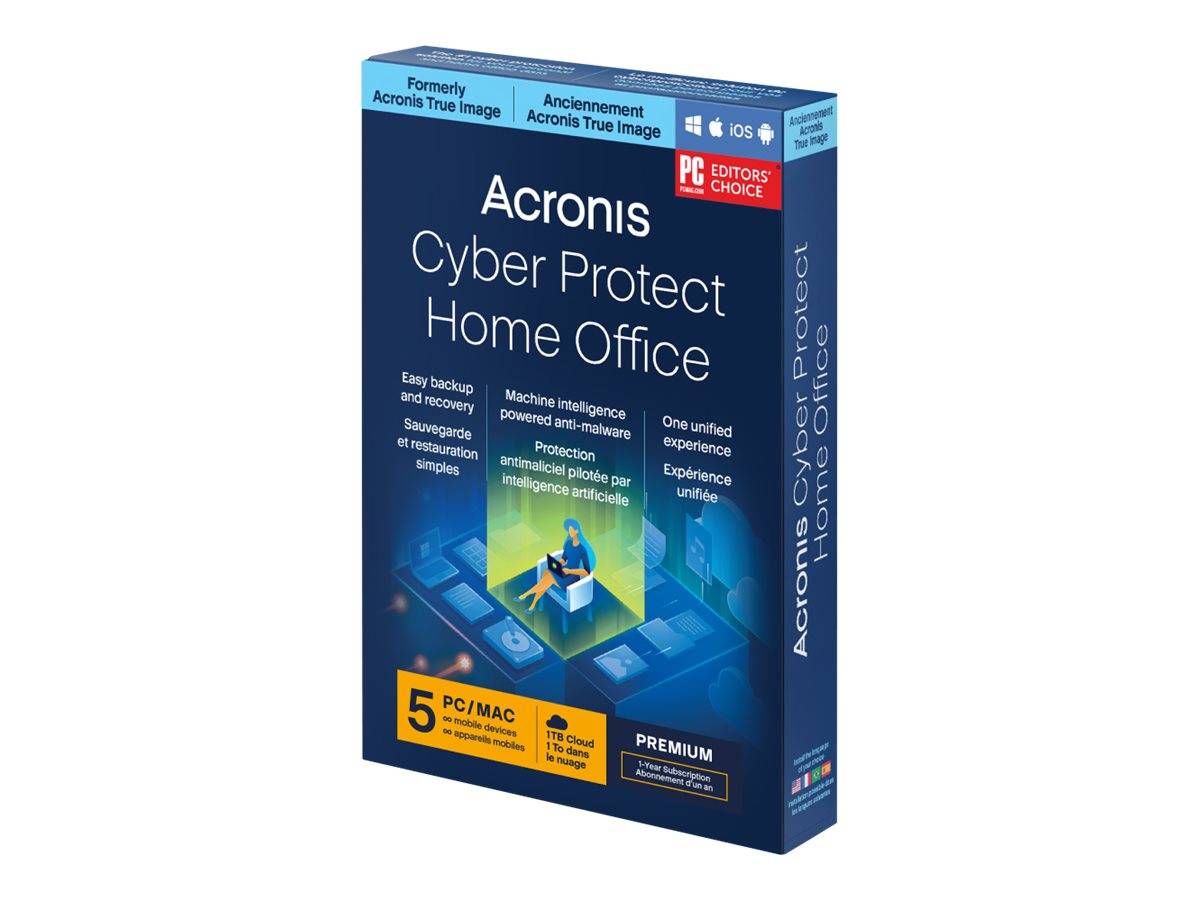Karton für Acronis Cyber Protect Home Office Software, auf dem sich '5 PC/MAC' und 'Premium' auf einer blauen Verpackung befinden.