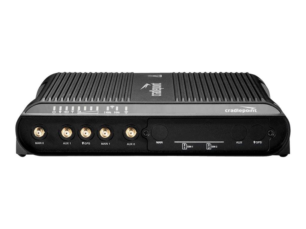 Schwarzer Cradlepoint-Mobilfunkrouter mit mehreren Antennenanschlüssen an der Frontplatte und Statusindikatoren.