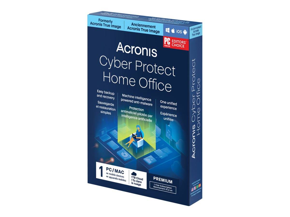 Acronis Cyber Protect Home Office Softwareverpackung in 3D-Darstellung, mit dem Badge „PC Editors' Choice" und Funktionen wie Sicherung, Cybersicherheit und Cloud-Schutz.
