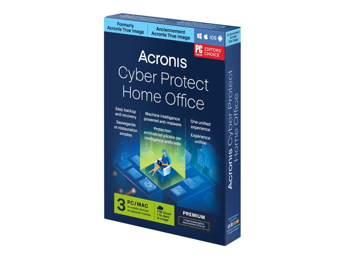 Acronis Cyber Protect Home Office Softwarebox, dunkelblaue Verpackung mit Produktname, PC Editors' Choice Badge und Funktionen wie Sicherung, Anti-Malware und Schutz.