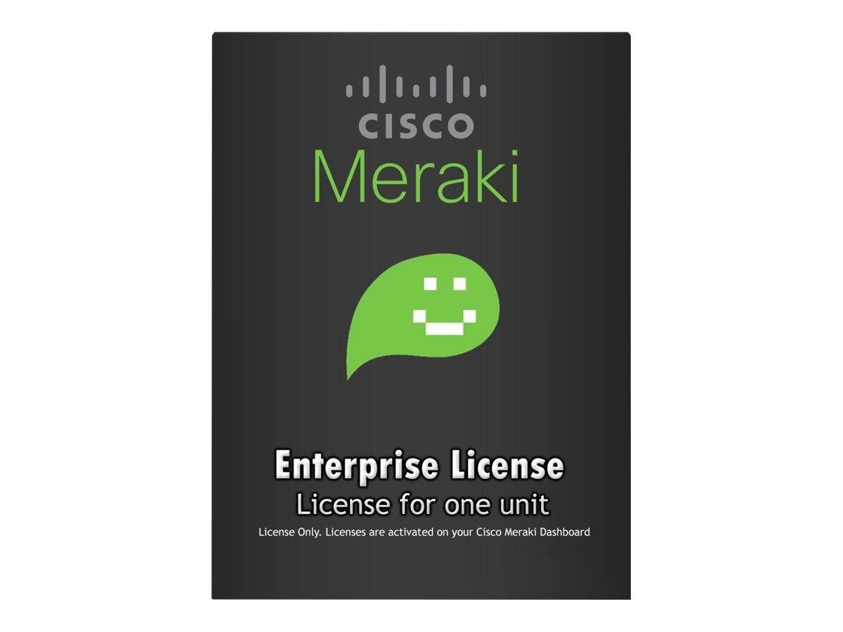 Cisco Meraki Enterprise-Lizenzkarteneinheit mit Meraki-Logo und Produktbranding auf schwarzem Hintergrund.