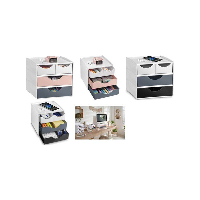 Organisatoren mit Schubladen für Büromaterial, erhältlich in verschiedenen Farben; Bild zeigt eine Beispieleinrichtung mit Schreibtisch und Computer.