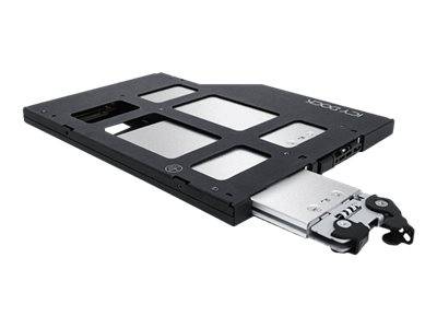 Schwarzes 2,5-Zoll-Festplattenlaufwerk-Gehäuse mit SATA-Anschluss und Lasche zum Austausch oder zur Speichererweiterung von Laptop-Laufwerken.