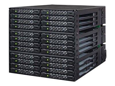 Stapel schwarzer rack-montierter Server-/Speichereinheiten mit mehreren Laufwerkschächten und Statusleuchten, dargestellt in einer 3D-Schrägansicht.