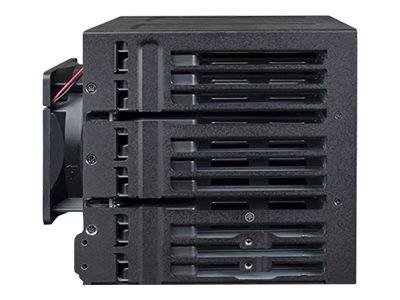 Schwarzes rechteckiges elektronisches Kühlgerät mit belüftetem Gitter und sichtbarem Lüftergehäuse auf der linken Seite.