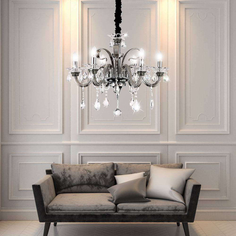 Decken Hänge Lampe Leuchte Kronleuchter Metall Chrom Glas Kristalle Ess Zimmer