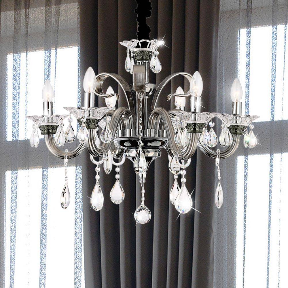 Decken Hänge Lampe Leuchte Kronleuchter Metall Chrom Glas Kristalle Ess Zimmer