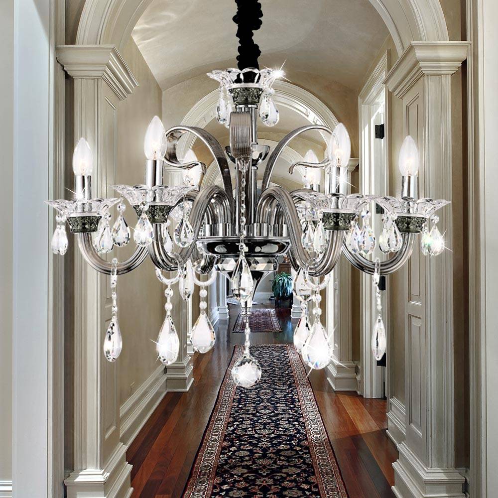 Decken Hänge Lampe Leuchte Kronleuchter Metall Chrom Glas Kristalle Ess Zimmer