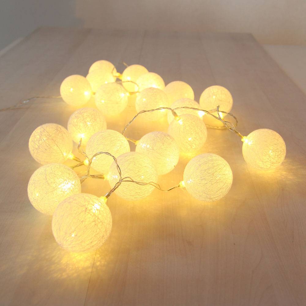 20er LED Lichterkette Geflecht Kugel Weihnachts Lampen Baumwolle X-MAS Deko weiß