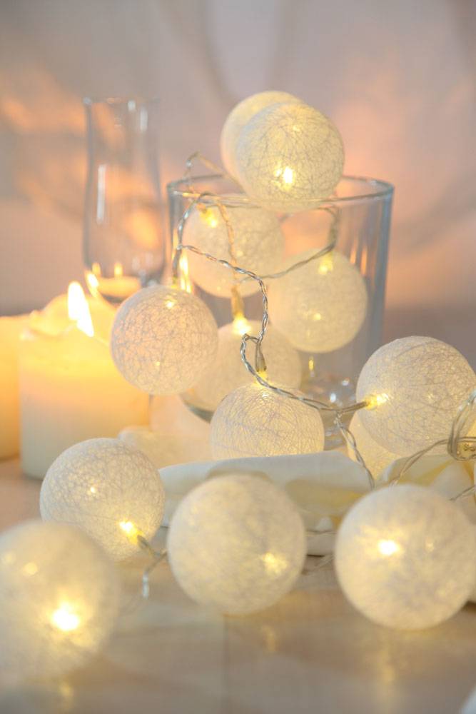 20er LED Lichterkette Geflecht Kugel Weihnachts Lampen Baumwolle X-MAS Deko weiß