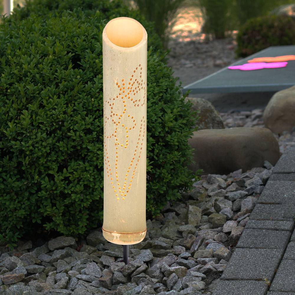 LED Solar Steck Leuchte Bambus Garten Deko Strahler Dekor Stanzungen Erdspieß Lampe grün