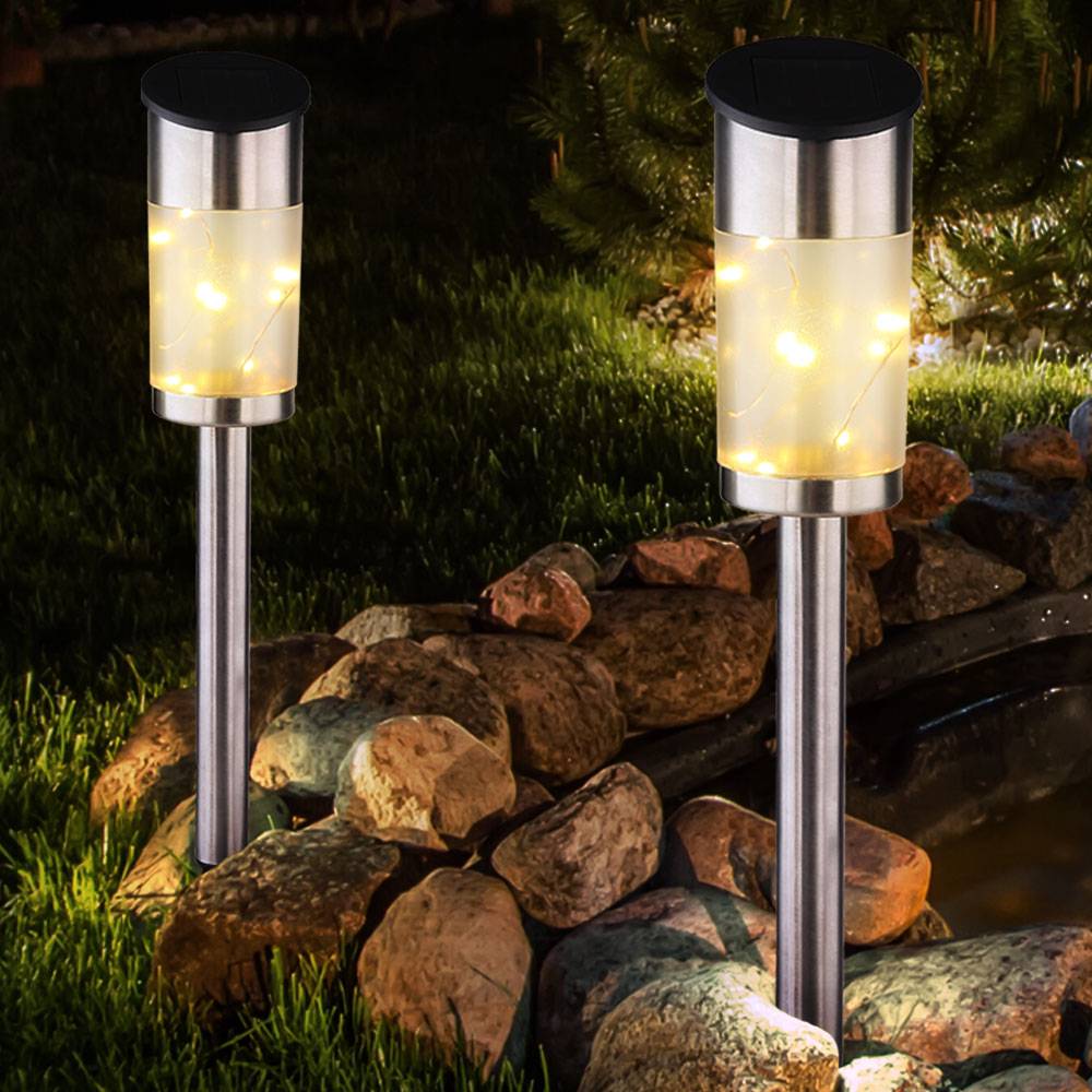 2x LED Solar Steck Lampen Lichterkette Edelstahl Balkon Erdspieß Garten Lampe silber